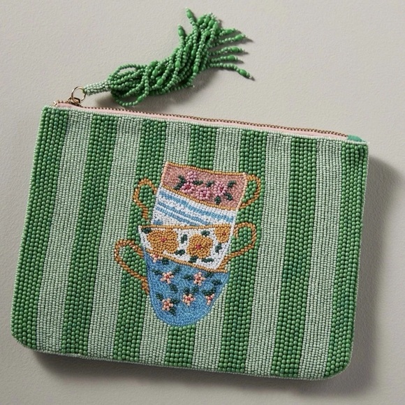 New Anthropologie The Fiona Large Beaded Pouch Green Teacups Tea Cups - Picture 1 of 4